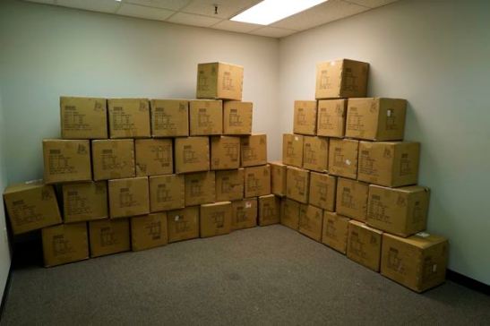 This is what 44 cases of 350 disco balls looks like.