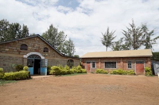 The church on the left and the sunday school on the right.